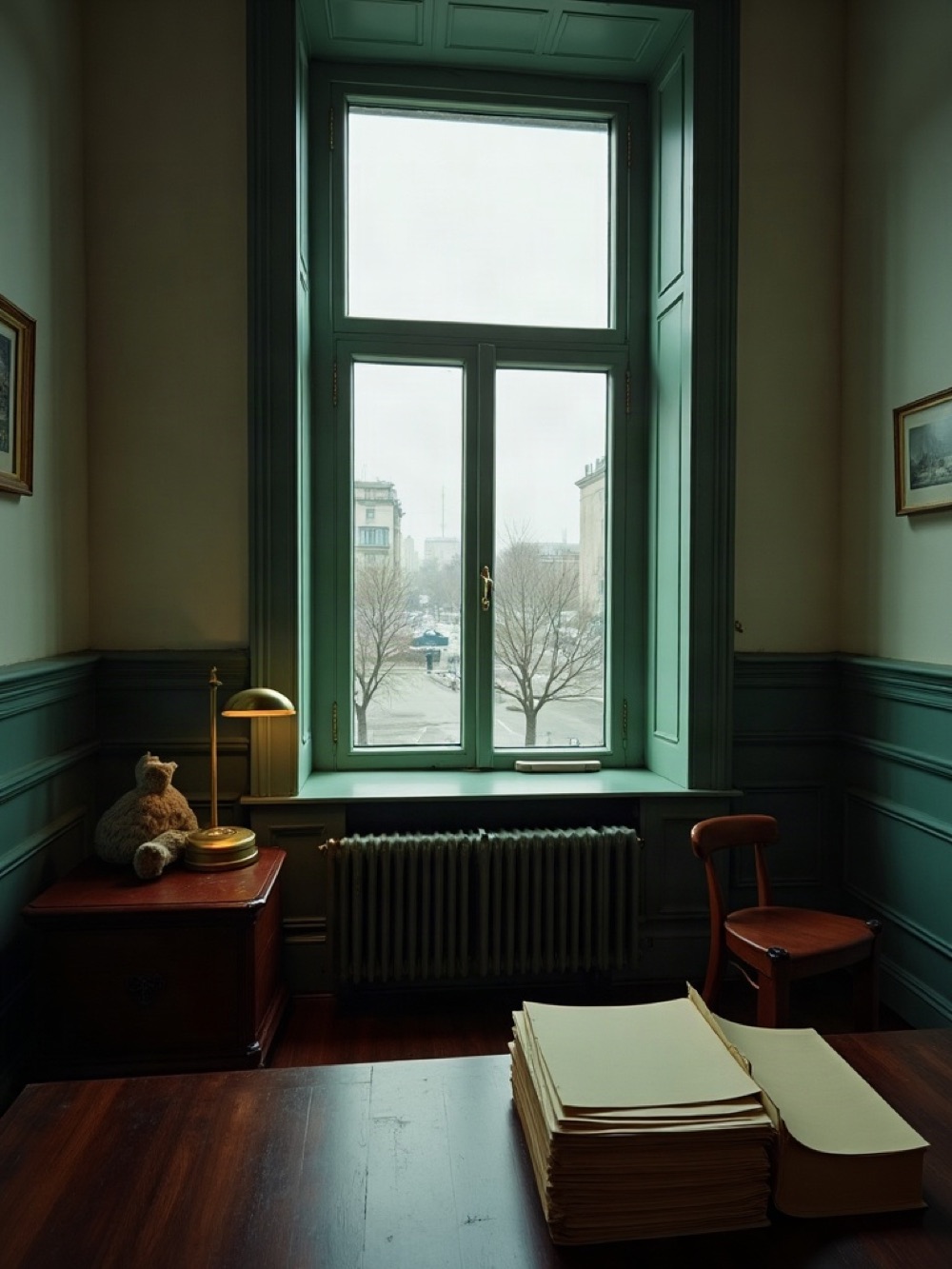 Wooden desk with folders and a brass lamp in the TREIDINH PAS office, Dnipro