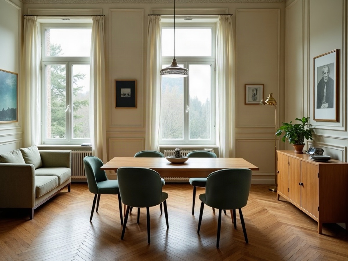 Oak table, upholstered chairs and a sideboard in a cream-walled furniture showroom