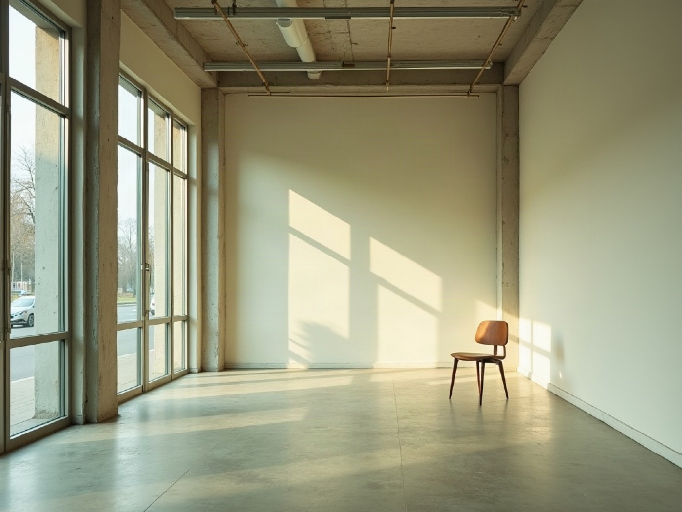 Empty commercial floor with shopfront windows on a Dnipro avenue, ready to lease