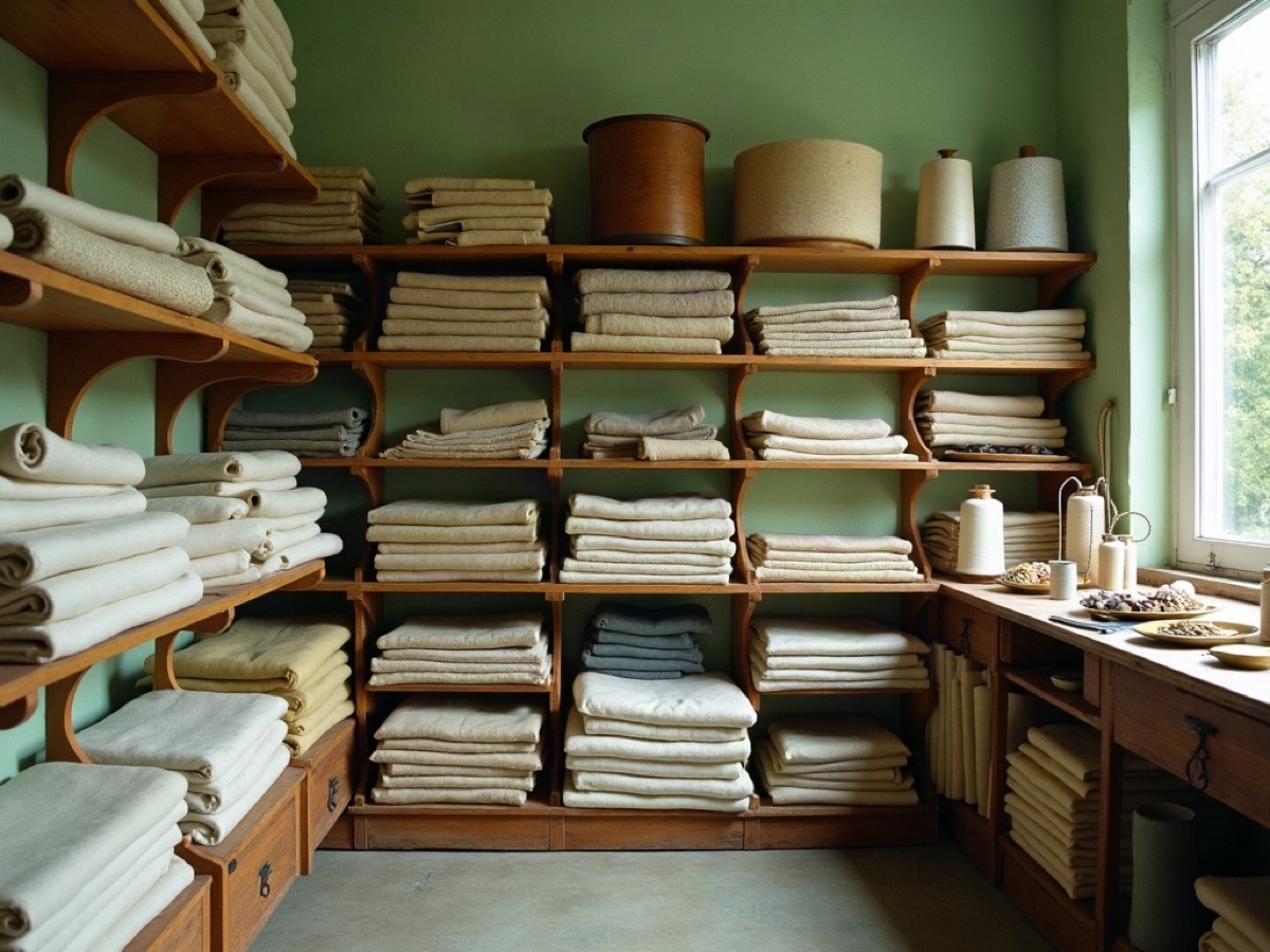 Bolts of cloth and sewing notions on wooden shelves in the textile storehouse
